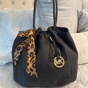 Michael Kors Black Tassel Bag with Leopard Scarf